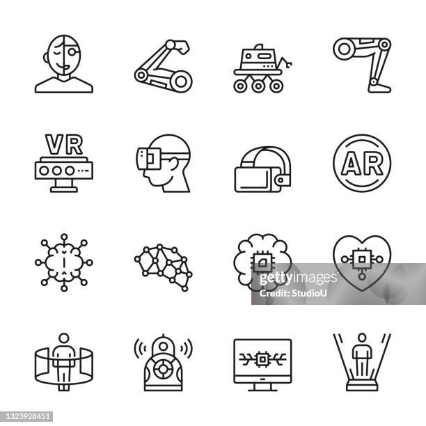 artificial intelligence line icons - learning computer programming stock illustrations