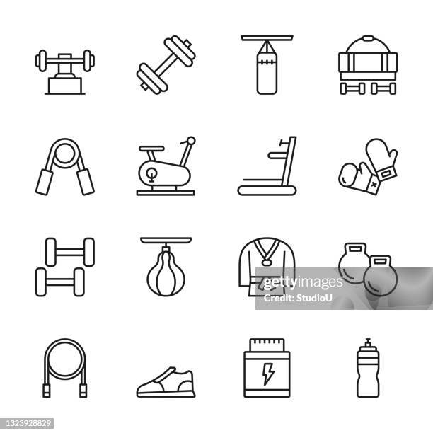 body building and combat sports line icons - bodybuilder stock illustrations