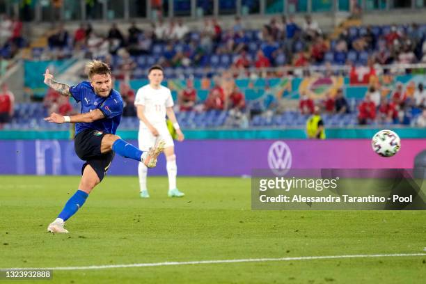 Ciro Immobile of Italy scores their side's third goal during the UEFA Euro 2020 Championship Group A match between Italy and Switzerland at Olimpico...