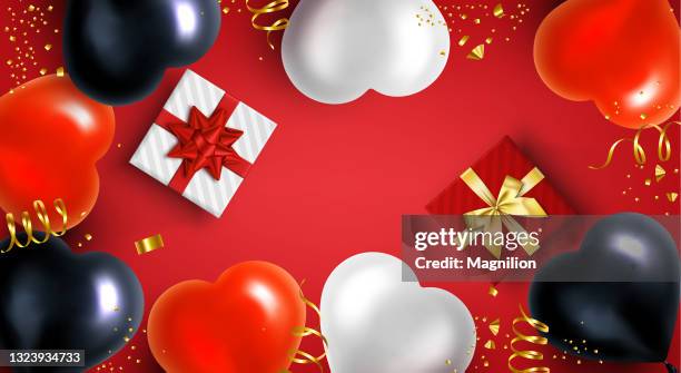 holiday heart shape balloons and gifts background - balloon knot stock illustrations