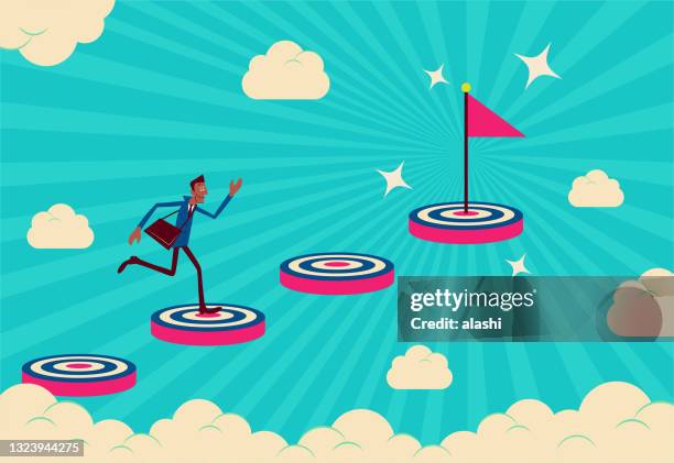 stockillustraties, clipart, cartoons en iconen met businessman (student) running climbing up the staircases made up of dartboard (goal, target) step by step in the sky and reaching the flag (to achieve success) - doelgroep