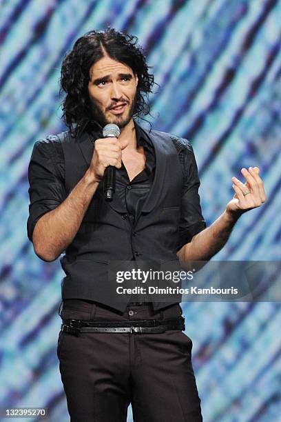 Actor/comedian Russell Brand speaks during the 2nd Annual "Change Begins Within" benefit celebration presented by the David Lynch Foundation at The...