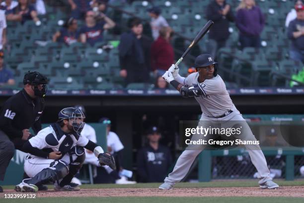 Miguel Andujar of the New York Yankees bats against the Detroit Tigers at Comerica Park on May 29, 2021 in Detroit, Michigan.