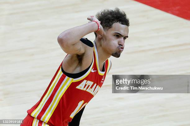 Trae Young of the Atlanta Hawks celebrates during the fourth quarter against the Philadelphia 76ers during Game Five of the Eastern Conference...