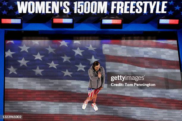 Katie Ledecky of the United States reacts during the Women’s 1500m freestyle medal ceremony during Day Four of the 2021 U.S. Olympic Team Swimming...