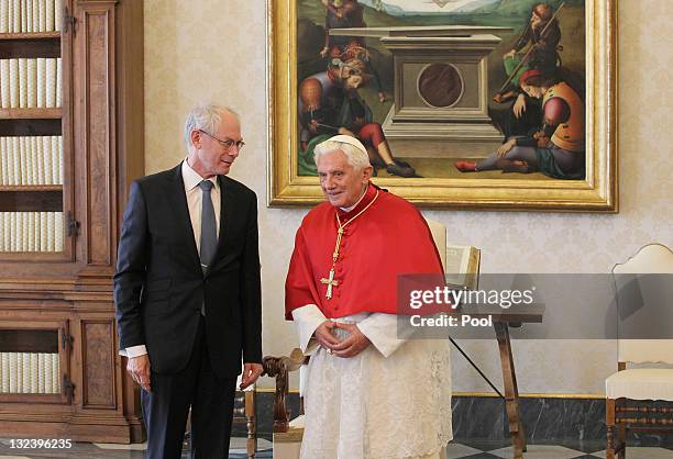 Pope Benedict XVI meets with President of the European Council Herman Van Rompuy at his private library on November 12, 2011 in Vatican City, Vatican.