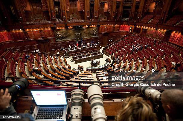 The Chamber of Deputies during the vote of the 2012 Budget Law, on November 12, 2011 in Rome, Italy. Italian Prime Minister Silvio Berlusconi has...