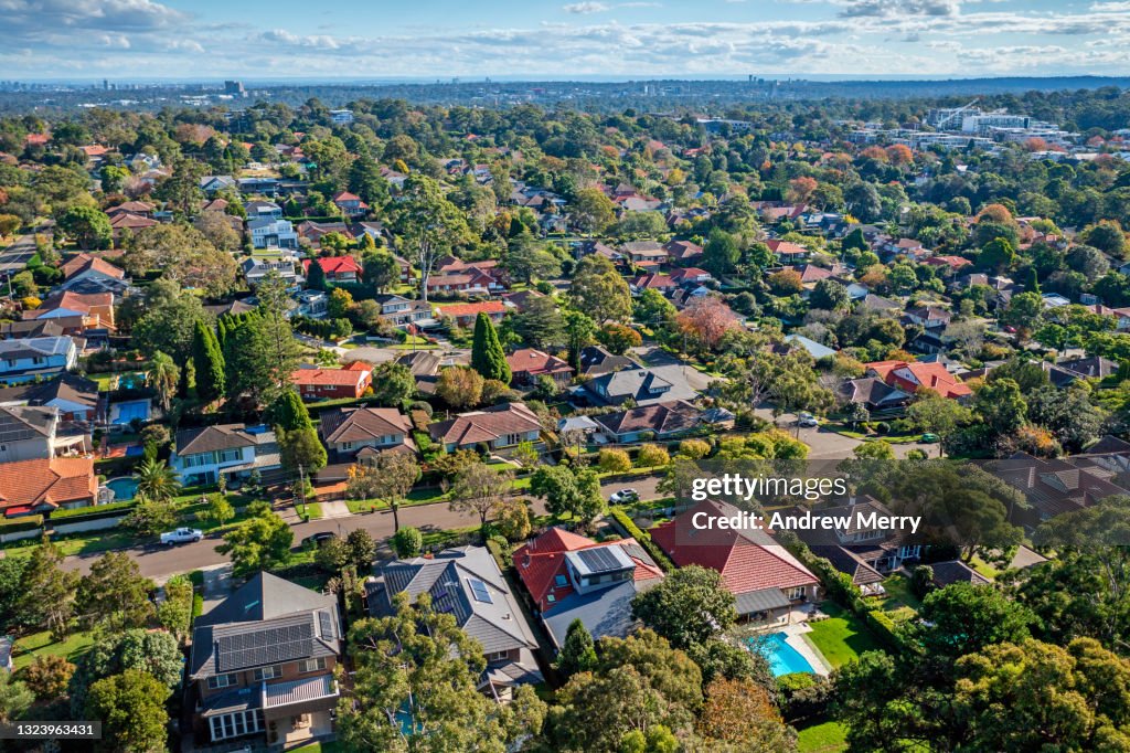Houses in wealthy suburb, leafy green trees, Roseville, Sydney, aerial view