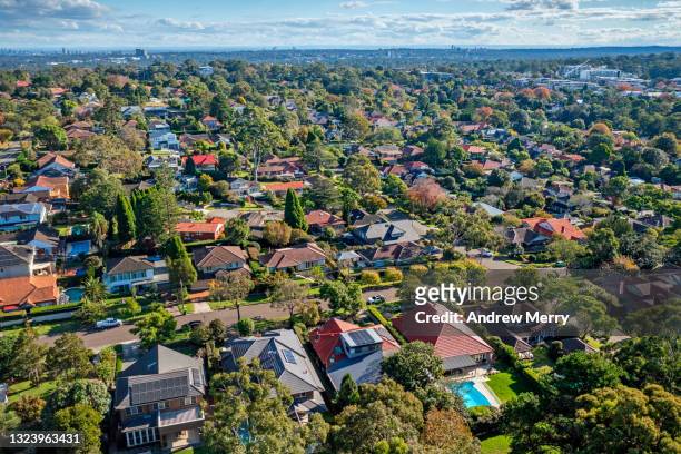 houses in wealthy suburb, leafy green trees, roseville, sydney, aerial view - sydney australia photos et images de collection