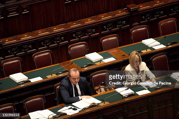 The empty chairs of the government at the Chamber of Deputies during the morning vote of the 2012 Budget Law, on November 12, 2011 in Rome, Italy....