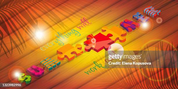 summer time! everything will work out! volumetric text with puzzles on an abstract wooden background. creative flyer or poster. - daylight saving time stock illustrations
