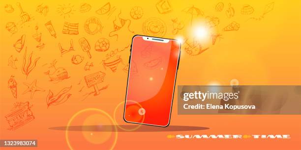 hello summer! phone on summer abstract colored background with freehand drawings. creative flyer or poster. - conch shell stock illustrations