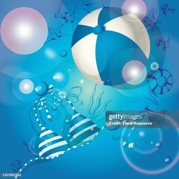 summer time! swimsuit and ball on a bright abstract background with drawings by hand. creative flyer or poster. - conch shell closeup stock illustrations