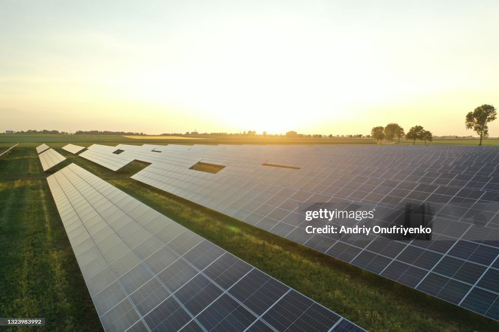 Aerial view of solar power station and solar energy panels