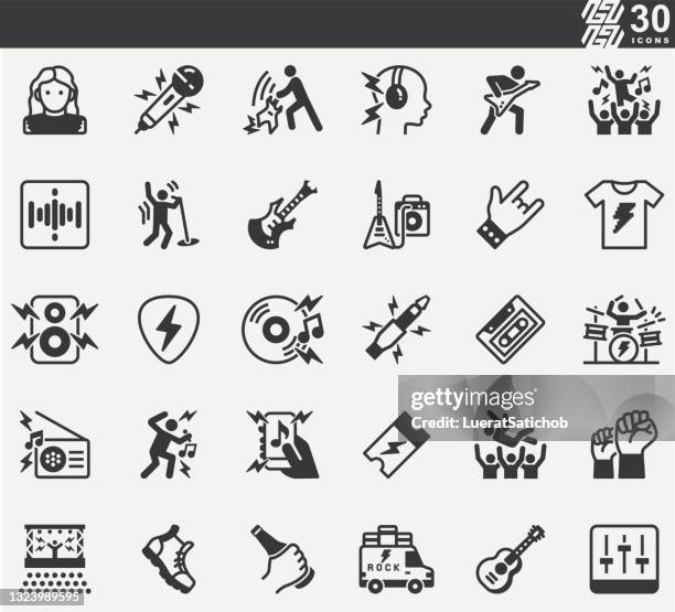 ilustraciones, imágenes clip art, dibujos animados e iconos de stock de rock and roll música concierto silueta iconos - rock musician