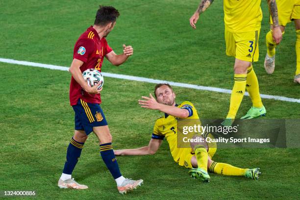 Pablo Sarabia of Spain reacts with Sebastian Larsson of Sweden during the UEFA Euro 2020 Championship Group E match between Spain and Sweden at...