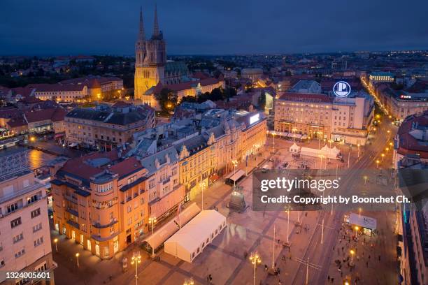 aerial view of illuminated at zagreb cathedral - zagreb street stock pictures, royalty-free photos & images