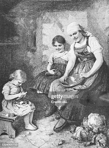 children help the mother prepare food in the kitchen - mother cooking in kitchen stock illustrations