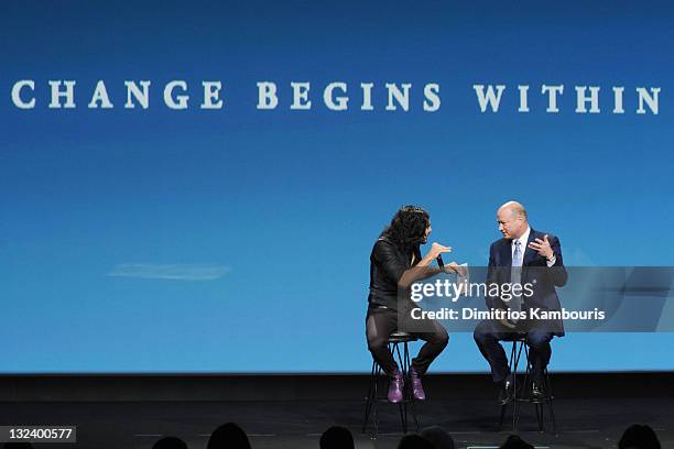 Actor/comedian Russell Brand and Dr. John Hagelin speak during the 2nd Annual "Change Begins Within" benefit celebration presented by the David Lynch...