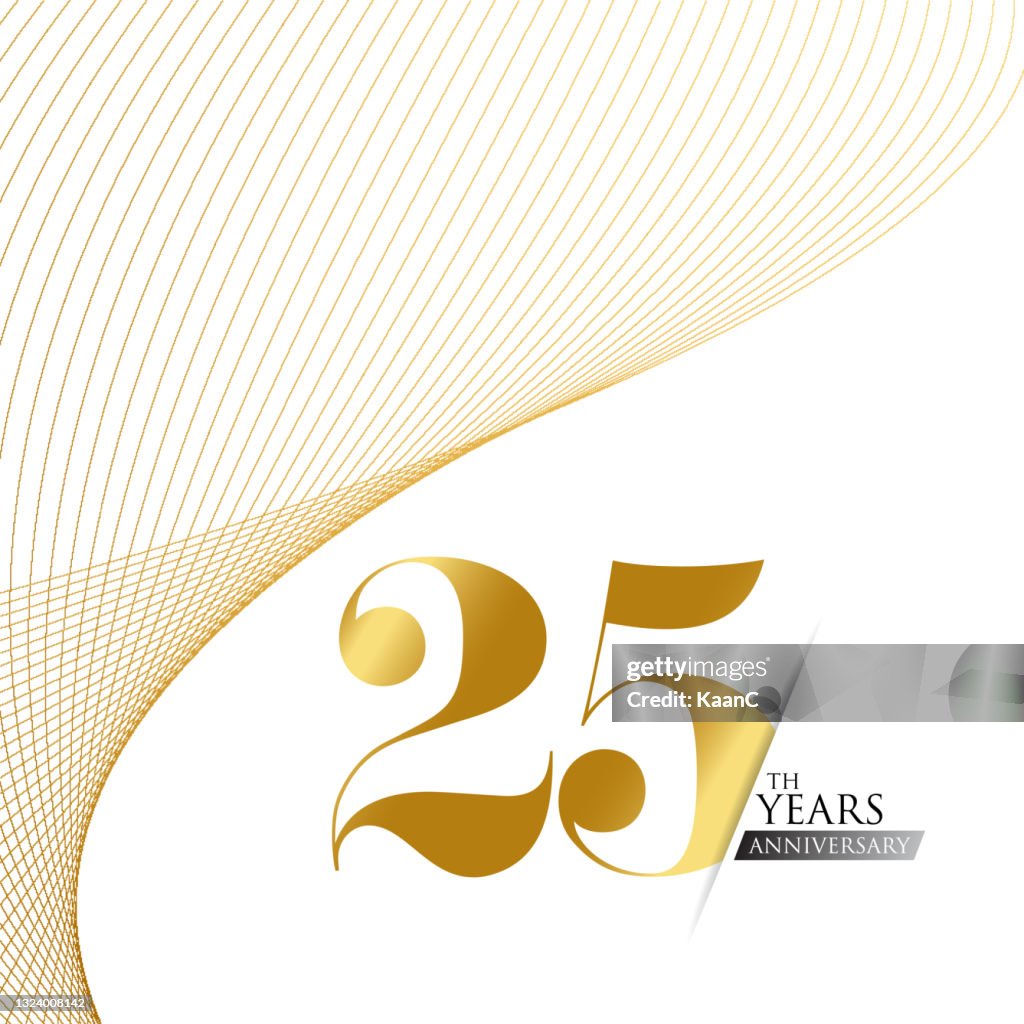 Anniversary logo template isolated, anniversary icon label, anniversary symbol stock illustration. Anniversary greeting template with gold colored hand lettering.