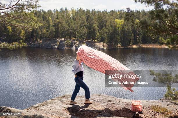 woman with picnic blanket standing on cliff over lake - stockholm summer stock-fotos und bilder