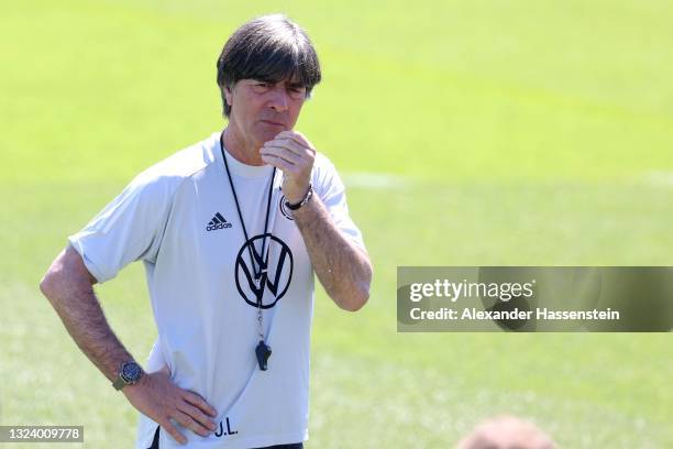 Joachim Löw, head coach of Germany looks on during a training session of team Germany at the team Germany EURO2020 training camp at Herzo-Base on...