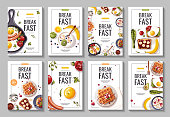 Set of promo flyers for breakfast menu, healthy eating, nutrition, cooking, fresh food, dessert, diet, pastry, cuisine.