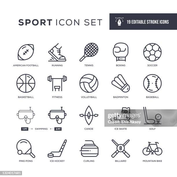 ilustraciones, imágenes clip art, dibujos animados e iconos de stock de iconos de línea de trazo editables de deporte - badminton racket