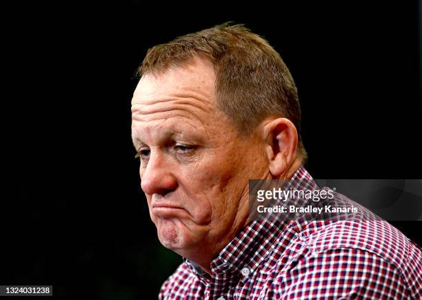 Coach Kevin Walters of the Broncos looks dejected as he speaks at a press conference after the round 15 NRL match between the Brisbane Broncos and...