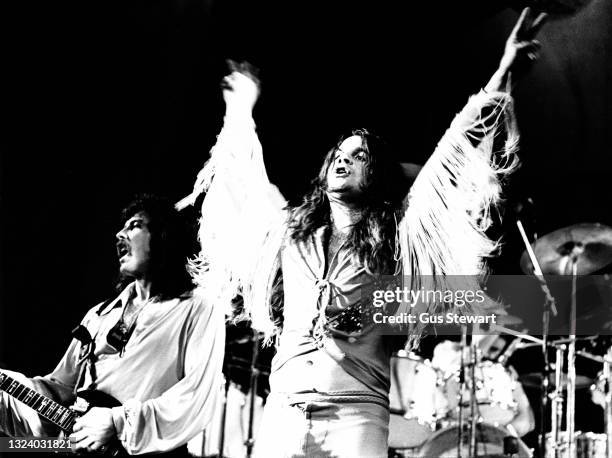 Tony Iommi and Ozzy Osbourne of Black Sabbath perform on stage during their 'Never Say Die!' tour at Lewisham Odeon, London, England, on May 27th,...