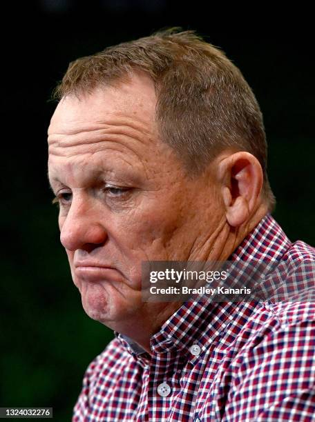 Coach Kevin Walters of the Broncos looks dejected as he speaks at a press conference after the round 15 NRL match between the Brisbane Broncos and...