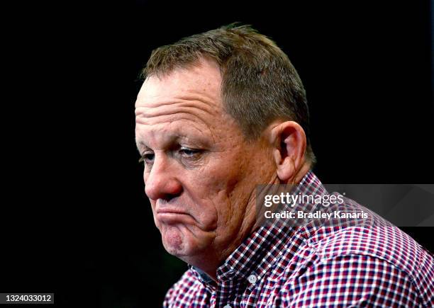 Coach Kevin Walters of the Broncos looks dejected as he speaks at a press conference after the round 15 NRL match between the Brisbane Broncos and...