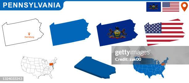 usa state of pennsylvania's map and flag. - pennsylvania outline stock illustrations