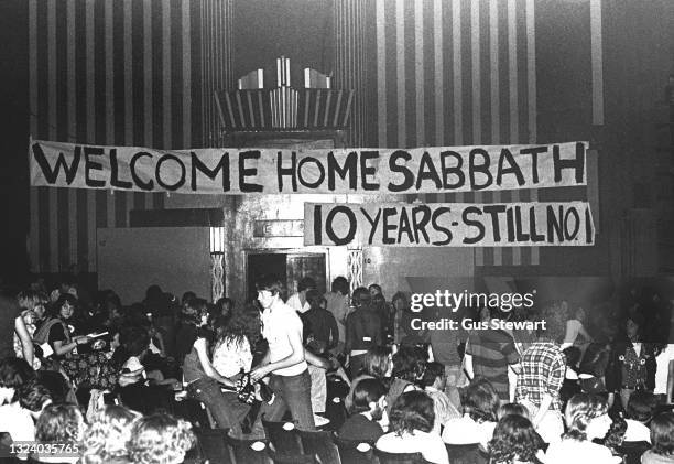 General view showing the interior of Lewisham Odeon as the audience awaits Black Sabbath performing on stage during their 'Never Say Die' tour,...