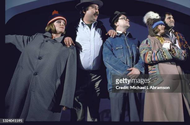 View of, from left, actors and comedians Mindy Bell, Mike Hagerty, Jim Fay, Mona Lyden, and Richard Kind perform onstage in 'True Mid-West,' an...