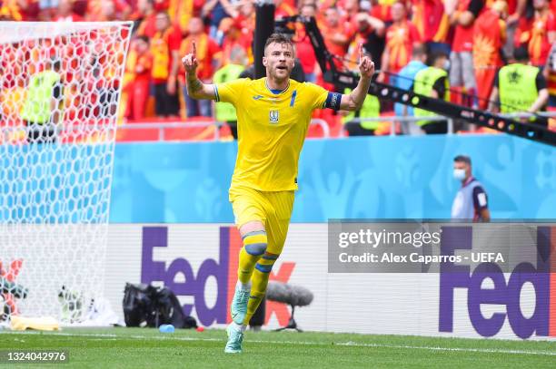 Andriy Yarmolenko of Ukraine celebrates after scoring their side's first goal during the UEFA Euro 2020 Championship Group C match between Ukraine...