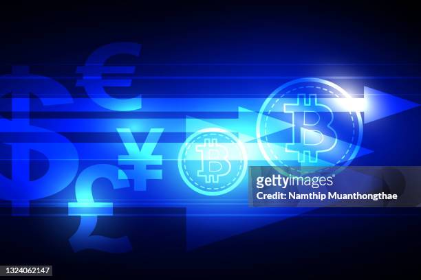 cryptocurrency illustration concept shows an abstract blue color of bitcoin that is transferred from the currency for making the digital trading of cryptocurrency. - forex fotografías e imágenes de stock