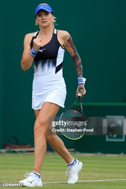 Tereza Martincova of Czech Republic reacts against Jelena Ostapenko of Latvia during the Viking Classic Birmingham at Edgbaston Priory Club on June...