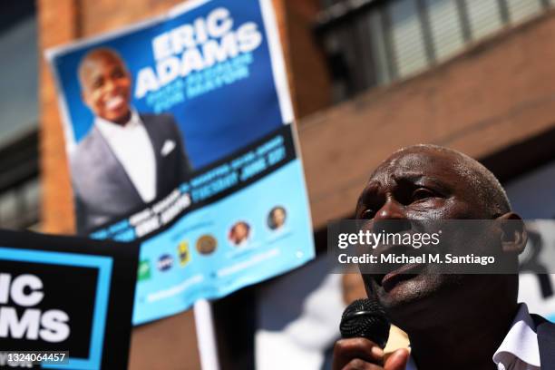 Keith L.T. Wright, leader of the New York County Democrats, announces his endorsement of New York City mayoral candidate Eric Adams at a press...