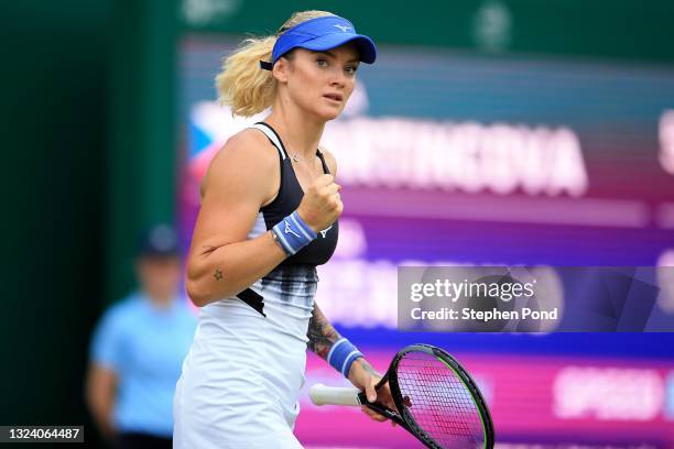 Tereza Martincova of Czech Republic reacts against Jelena Ostapenko of Latvia during the Viking Classic Birmingham at Edgbaston Priory Club on June...