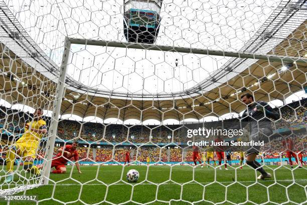 Andriy Yarmolenko of Ukraine scores their side's first goal past Stole Dimitrievski of North Macedonia during the UEFA Euro 2020 Championship Group C...