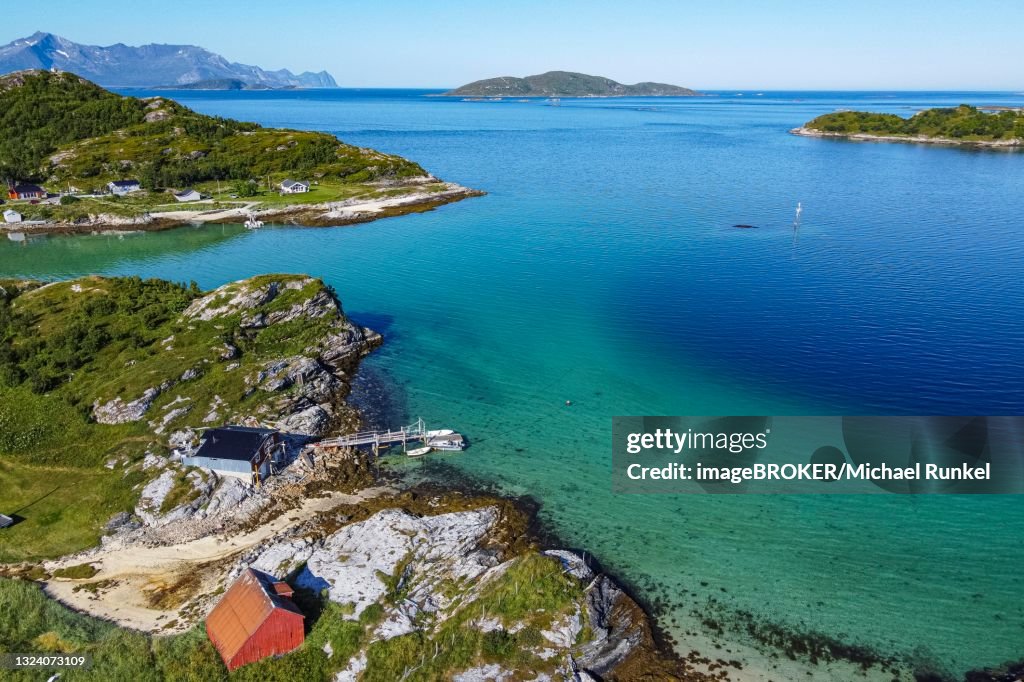 Aerial of a remote little bay and settlement along the road to the Nordkapp, Norway
