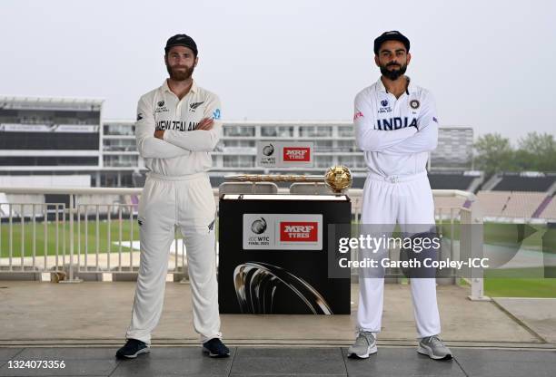 Rival captains Kane Williamson of New Zealand and Virat Kohli of India pose with the ICC ICC World Test Championship mace ahead of tomorrow's final...