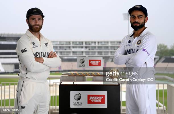 Rival captains Kane Williamson of New Zealand and Virat Kohli of India pose with the ICC ICC World Test Championship mace ahead of tomorrow's final...