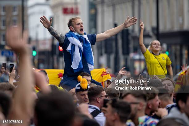 Scotland fans singing and chanting outside King's Cross Station on June 17, 2021 in London, England. Officials in Scotland and London, where the...