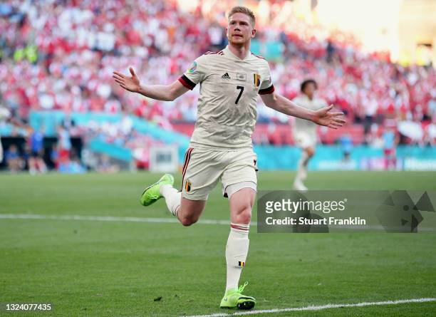 Kevin De Bruyne of Belgium celebrates after scoring their side's second goal during the UEFA Euro 2020 Championship Group B match between Denmark and...