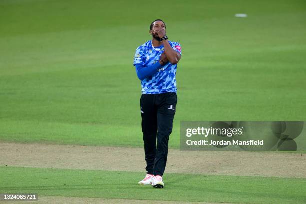 Chris Jordan of Sussex Sharks reacts during the T20 Blast match between Surrey and Sussex Sharks at The Kia Oval on June 17, 2021 in London, England.