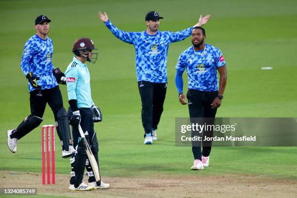 Chris Jordan of Sussex Sharks reacts after appealing unsuccessfully for the wicket of Sam Curran of Surrey during the T20 Blast match between Surrey...