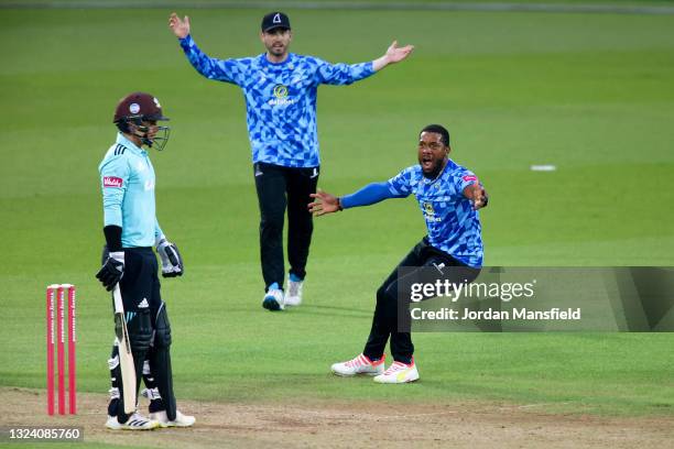 Chris Jordan of Sussex Sharks reacts after appealing unsuccessfully for the wicket of Sam Curran of Surrey during the T20 Blast match between Surrey...