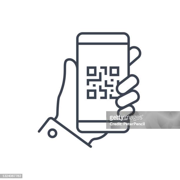 ilustraciones, imágenes clip art, dibujos animados e iconos de stock de código qr smartphone en mano icono vector abstracto. ilustración vectorial de código de barras - smartphone